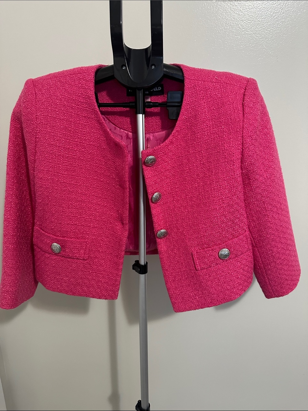 Karl Lagerfeld Bright Pink Cropped Tweed Blazer with Silver Buttons